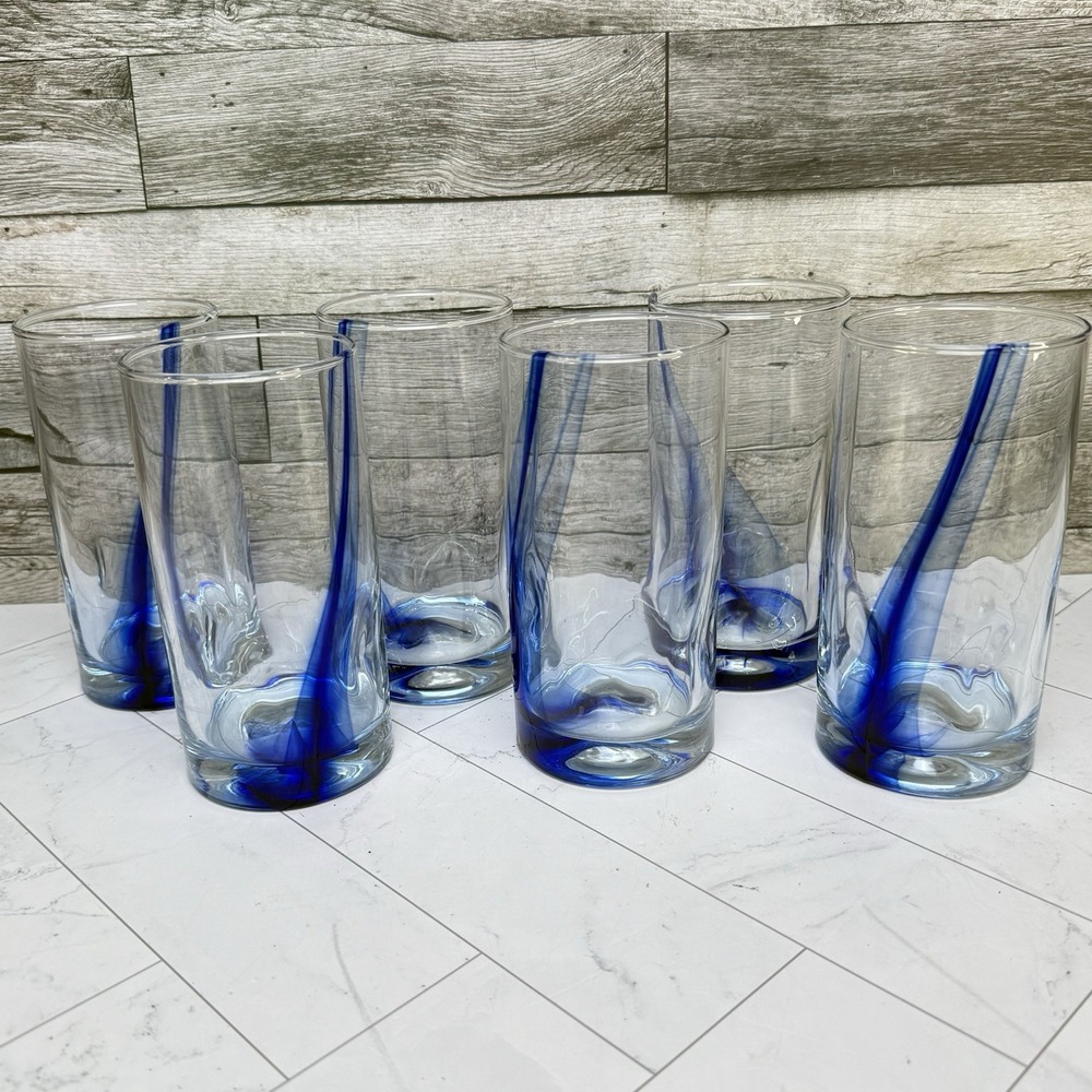 Libbey Cobalt Blue Ribbon 16 oz. Glasses Set Of 6 - Swirl Dimpled 6" Glasses